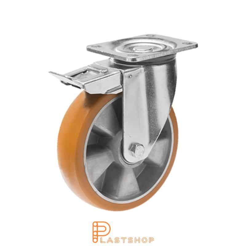 Lenkjhjul med bremse, plate, hjuldiameter 125 mm, byggehøyde 164 mm, nav i aluminium med myk bane i ElastoPUR i brun farge. 450 kg bæreevne, doble kullager