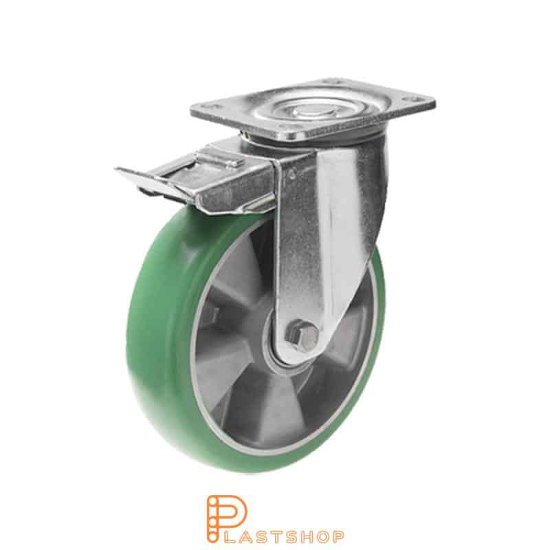 Lenkki pyörä jarrulla, laippa, pyörän halkaisija 125 mm, rakennuskorkeus 164 mm, navat alumiinista pehmeällä uralla ElastoPUR:sta vihreässä värissä. 400 kg kantavuus, kaksi palloalaakeria