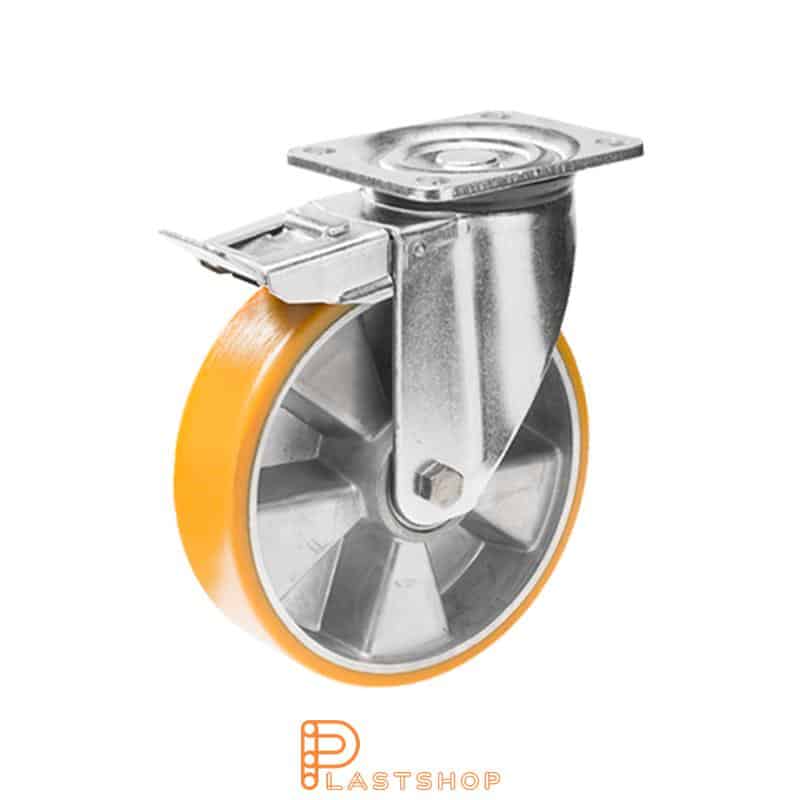 Lenkjhjul med bremse, plate, hjuldiameter 125 mm, byggehøyde 164 mm, nav i aluminium med myk bane i PUR i oransje farge. 450 kg bæreevne, doble kullager