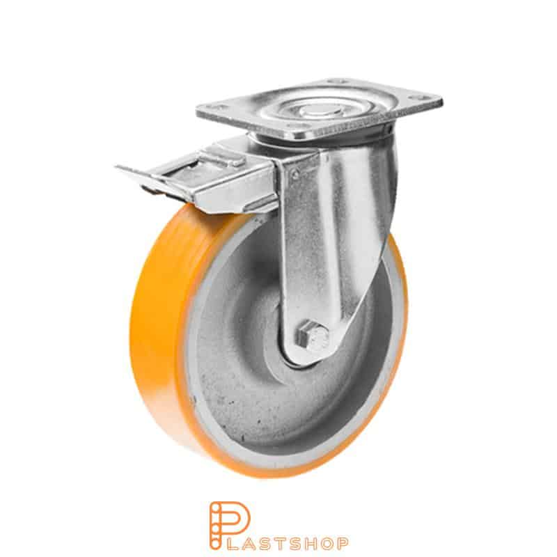 Lenkjhjul med bremse, plate, hjuldiameter 125 mm, byggehøyde 164 mm, nav i støpejern med myk bane i PUR i oransje farge. 500 kg bæreevne, doble kullager