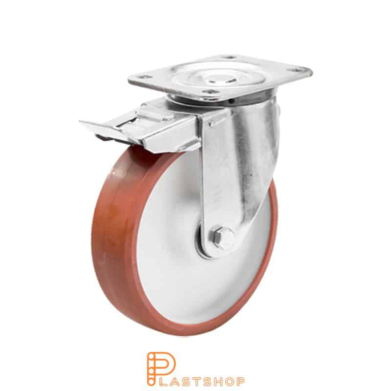 Lenkjhjul med bremse, plate, hjuldiameter 125 mm, byggehøyde 164 mm, nav i PA6 med myk bane i PUR i rød farge. 500 kg bæreevne, doble kullager