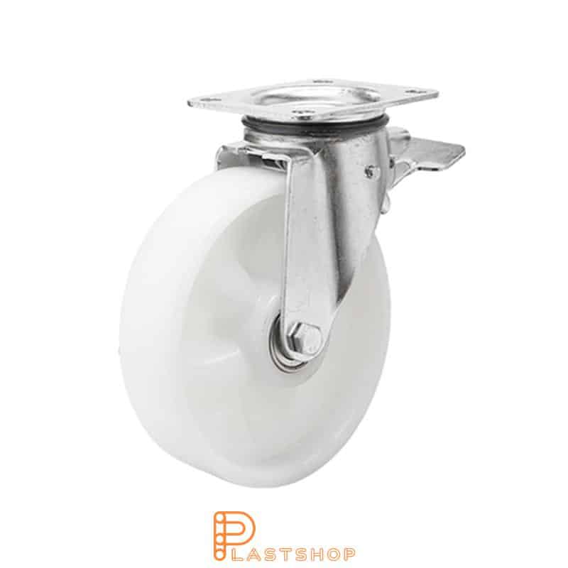 Link wheel with brake, plate, wheel diameter 125 mm, building height 165,5 mm, hard wheel in solid PA6, 250 kg load capacity, slide bearing