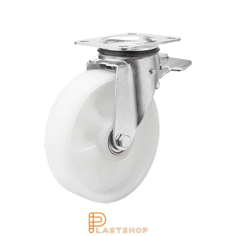 Link wheel with brake, plate, wheel diameter 125 mm, building height 165,5 mm, hard wheel in solid PA6, 280 kg load capacity, roller bearing