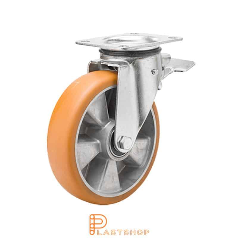 Lenkki pyörä jarrulla, laippa, pyörän halkaisija 125 mm, rakennuskorkeus 165,5 mm, navat alumiinista pehmeällä uralla ElastoPUR:sta ruskeassa värissä. 400 kg kantavuus, kaksi palloalaakeria