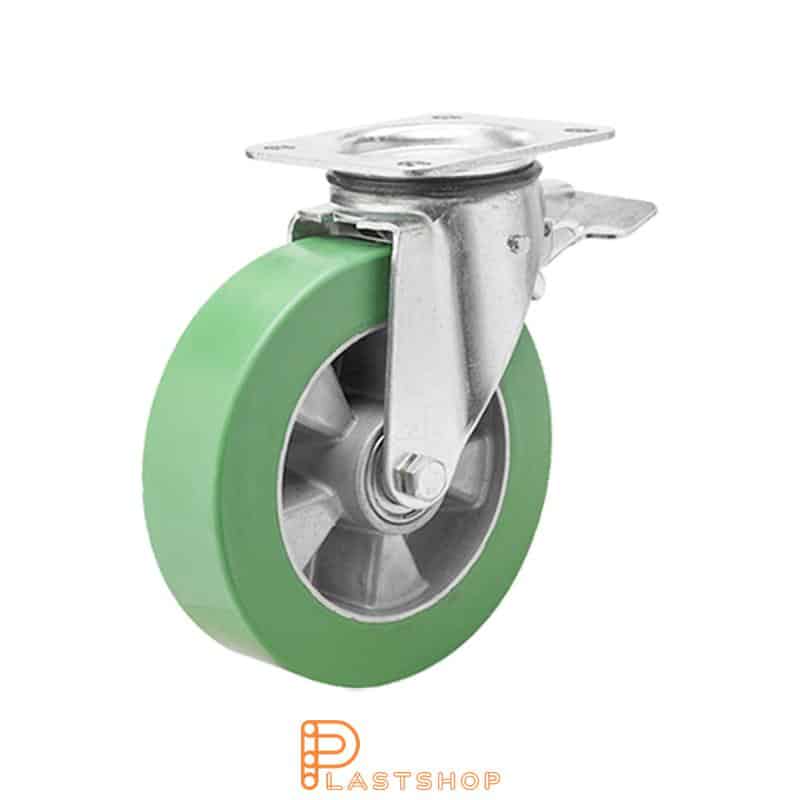 Lenkjhjul med bremse, plate, hjuldiameter 125 mm, byggehøyde 165,5 mm, nav i aluminium med myk bane i ElastoPUR i grønn farge. 400 kg bæreevne, doble kullager