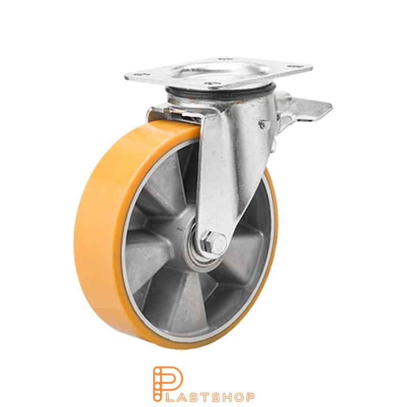 Länkhjul med broms, platta, hjuldiameter 125 mm, bygghöjd 165,5 mm, nav i aluminium med mjuk bana i PUR i orange färg. 400 kg bärighet, dubbla kullager