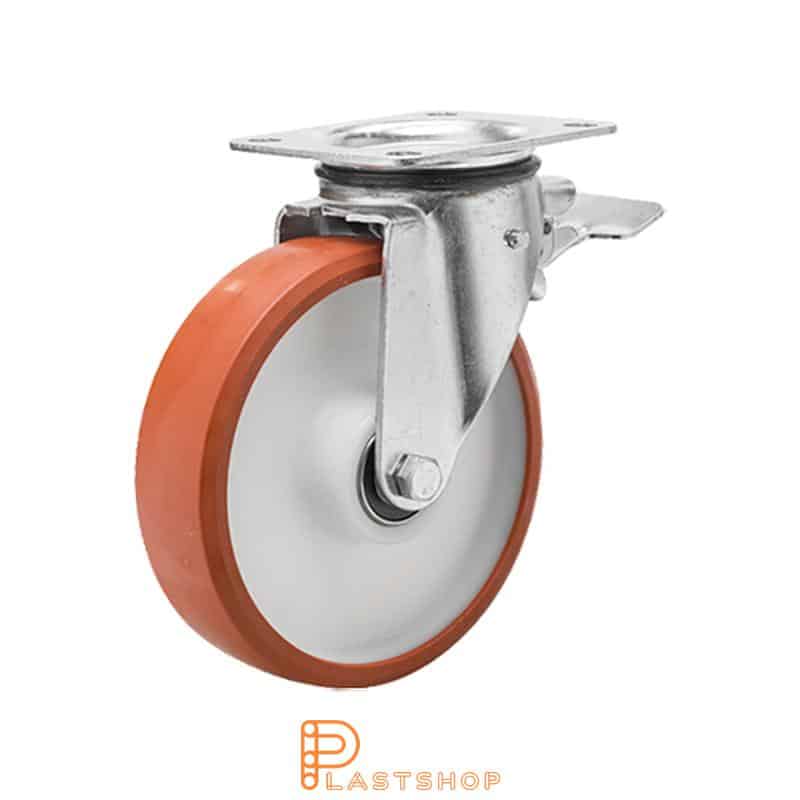 Länkhjul med broms, platta, hjuldiameter 125 mm, bygghöjd 165,5 mm, nav i PA6 med mjuk bana i PUR i röd färg. 400 kg bärighet, dubbla kullager