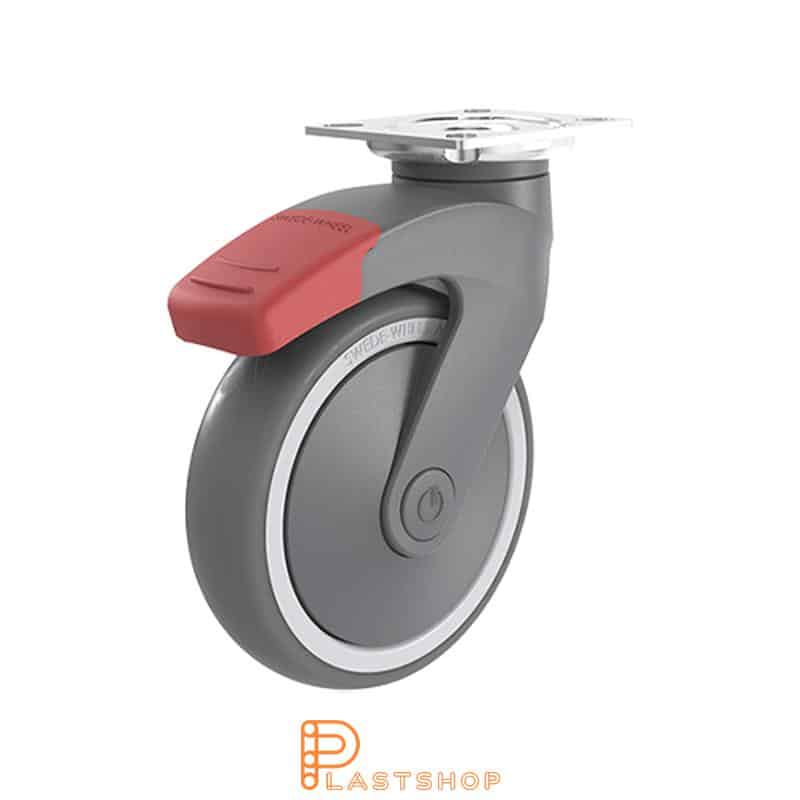 Link wheel with brake, plate, wheel diameter 125 mm, building height 167 mm, hub in PP with soft band in TPE in gray color. 100 kg load capacity, ball bearing