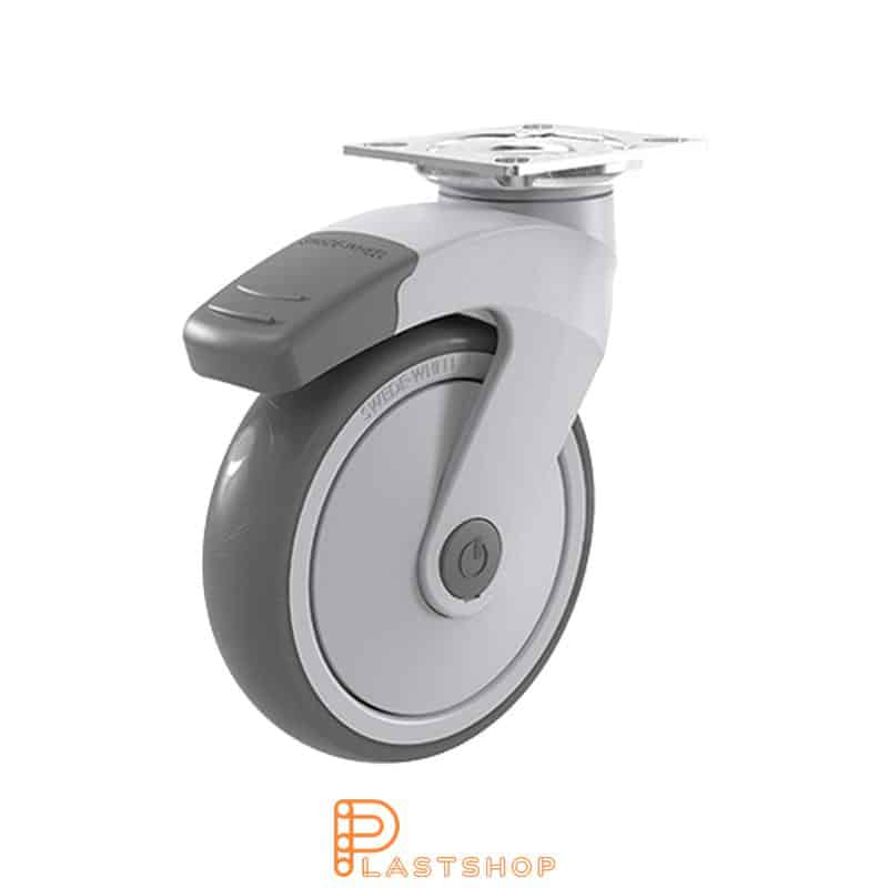 Rueda de enlace con freno, placa, diámetro de la rueda 125 mm, altura de construcción 167 mm, buje en PP con banda suave en TPE de color gris. 100 kg de carga, cojinete de bolas