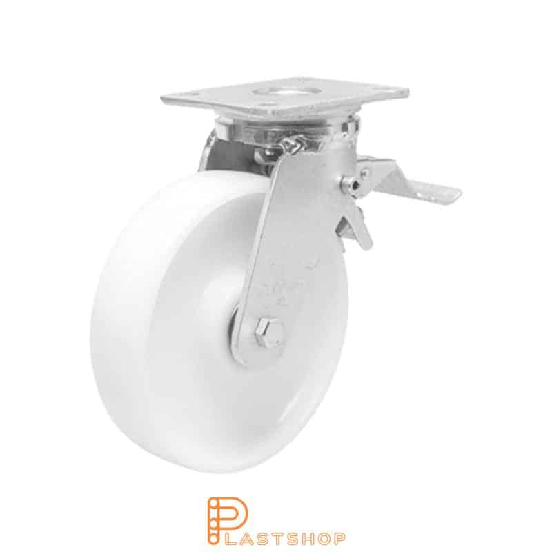 Link wheel with brake, plate, wheel diameter 125 mm, building height 170 mm, hard wheel in solid PA6, 750 kg load capacity, double ball bearing