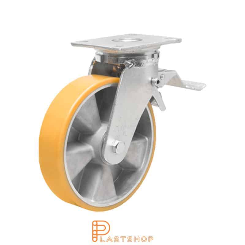 Lenkjhjul med bremse, plate, hjuldiameter 125 mm, byggehøyde 170 mm, nav i aluminium med myk bane i PUR i oransje farge. 450 kg bæreevne, doble kullager