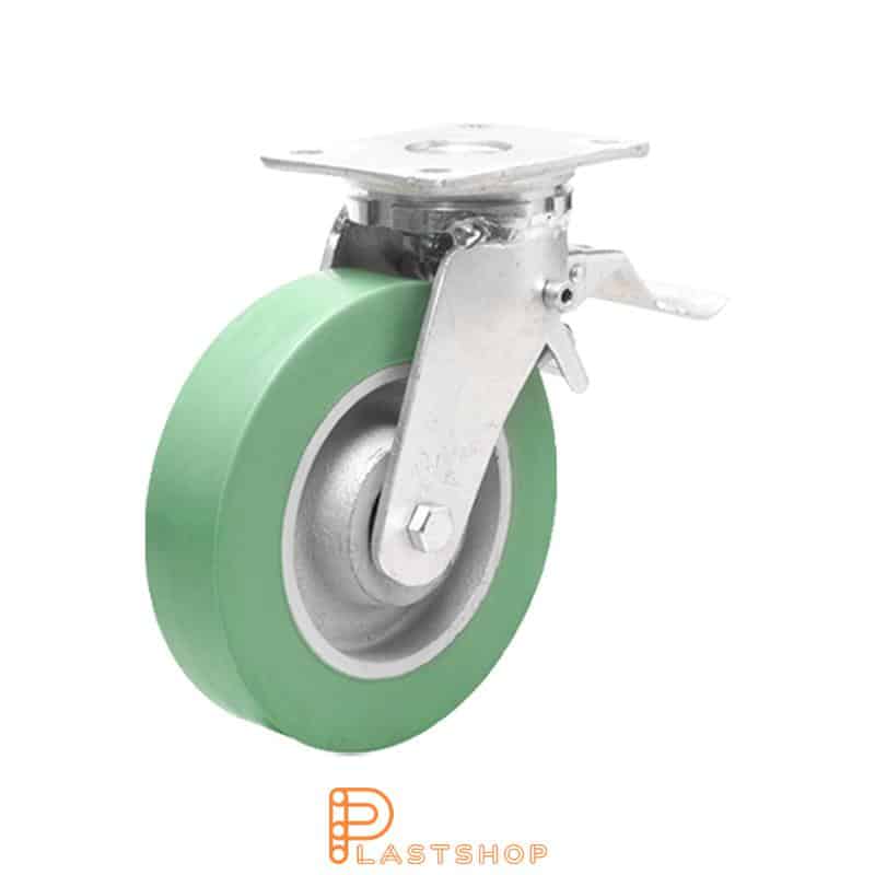 Lenkjhjul med bremse, plate, hjuldiameter 125 mm, byggehøyde 170 mm, nav i støpejern med myk bane i ElastoPUR i grønn farge. 350 kg bæreevne, doble kullager