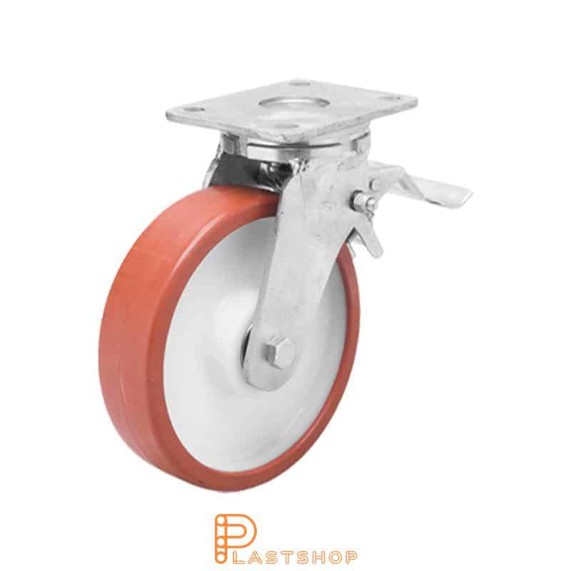 Lenkjhjul med bremse, plate, hjuldiameter 125 mm, byggehøyde 170 mm, nav i PA6 med myk bane i PUR i rød farge. 500 kg bæreevne, doble kullager