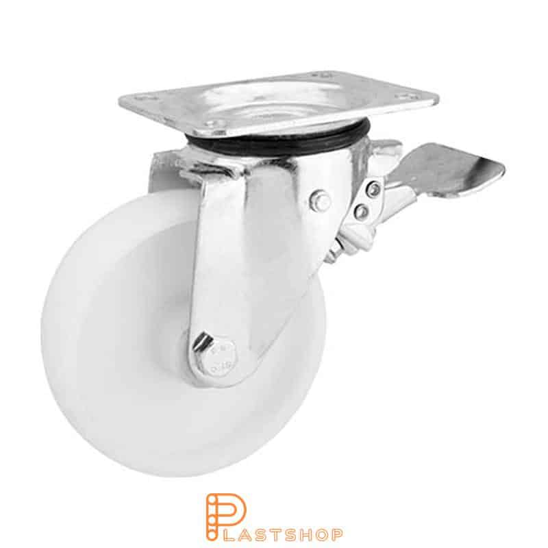 Link wheel with brake, plate, wheel diameter 150 mm, building height 191 mm, hard wheel in solid PA6, 350 kg load capacity, roller bearing