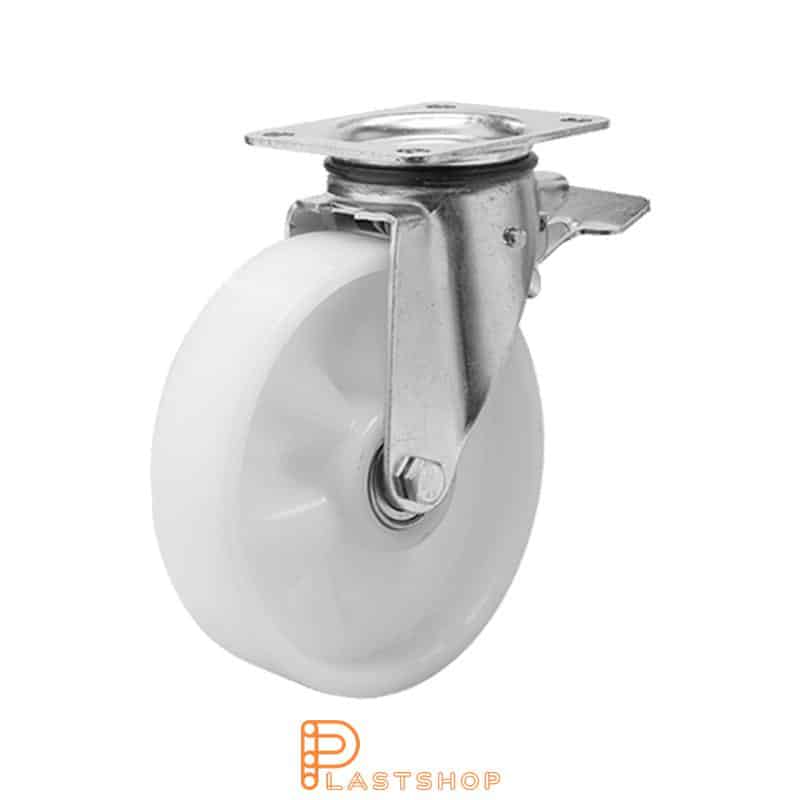Rueda de enlace con freno, placa, diámetro de la rueda 150 mm, altura de construcción 191 mm, rueda dura de PA6 macizo, 400 kg de carga, cojinetes de bolas dobles
