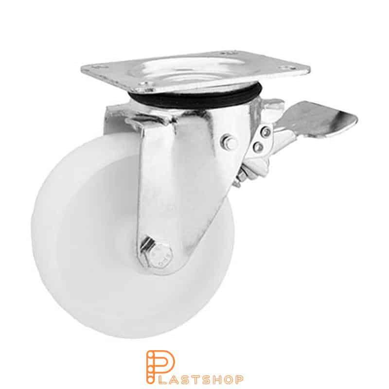 Link wheel with brake, plate, wheel diameter 150 mm, building height 191 mm, hard wheel in solid PA6, 400 kg load capacity, slide bearing