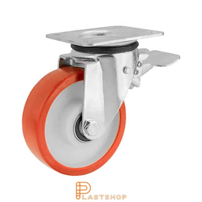 Lenkki pyörä jarrulla, laippa, pyörän halkaisija 150 mm, rakennuskorkeus 191 mm, navat PA6:sta pehmeällä uralla PUR:sta punaisessa värissä. 400 kg kantavuus, kaksi palloalaakeria