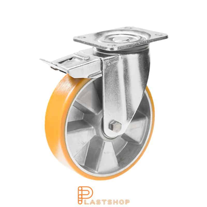 Länkhjul med broms, platta, hjuldiameter 150 mm, bygghöjd 194 mm, nav i aluminium med mjuk bana i PUR i orange färg. 550 kg bärighet, dubbla kullager