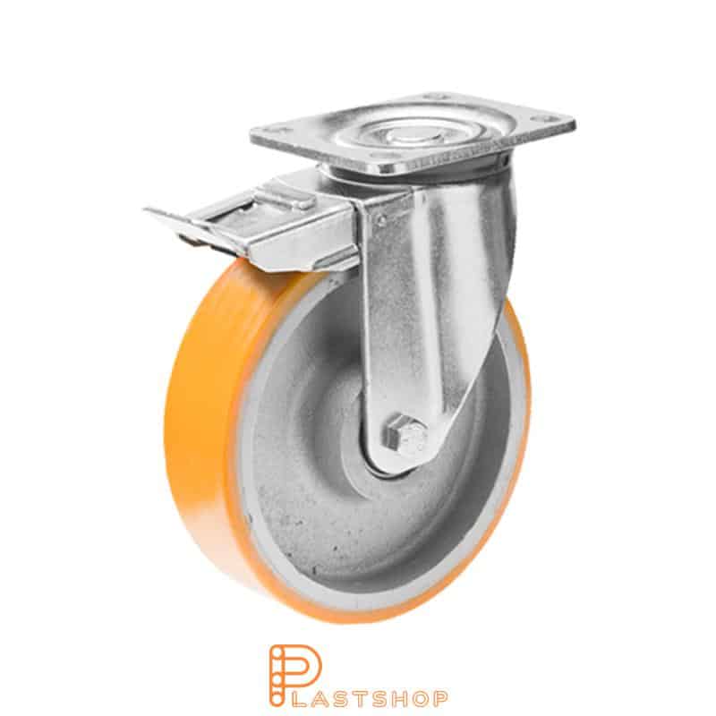 Lenkjhjul med bremse, plate, hjuldiameter 150 mm, byggehøyde 194 mm, nav i støpejern med myk bane i PUR i oransje farge. 700 kg bæreevne, doble kullager