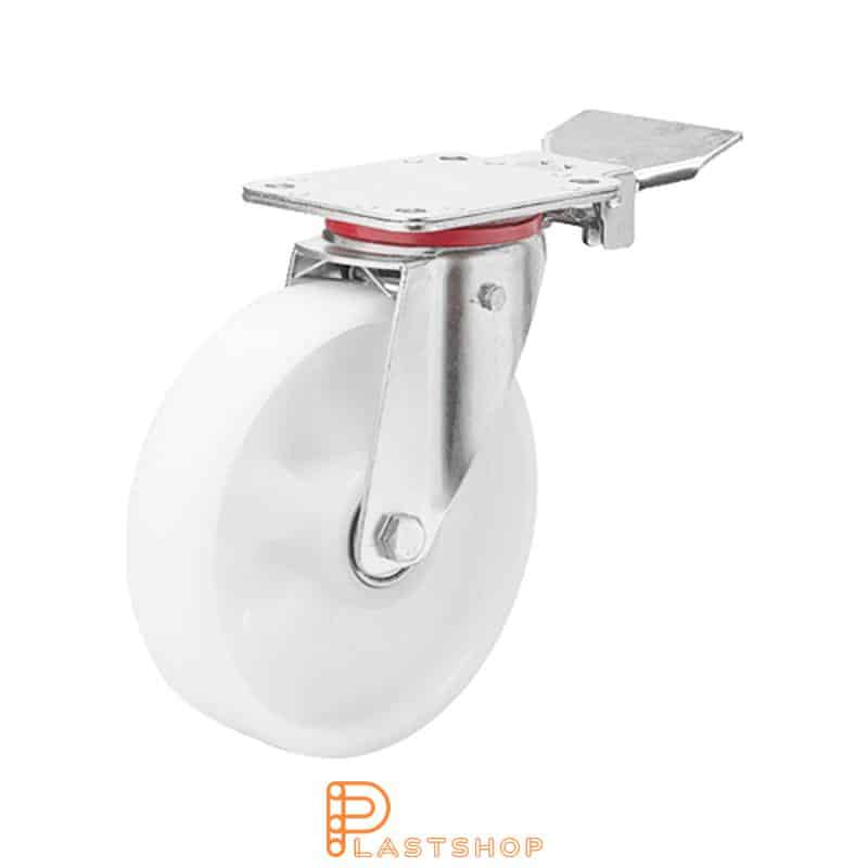 Link wheel with brake, plate, wheel diameter 150 mm, building height 195 mm, hard wheel in solid PA6, 350 kg load capacity, double ball bearing