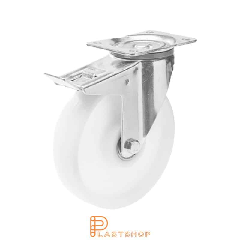 Link wheel with brake, plate, wheel diameter 150 mm, building height 195 mm, hard wheel in solid PA6, 400 kg load capacity, double ball bearing