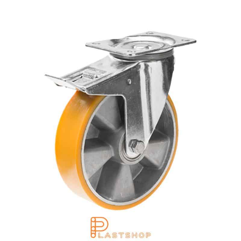 Länkhjul med broms, platta, hjuldiameter 150 mm, bygghöjd 195 mm, nav i aluminium med mjuk bana i PUR i orange färg. 350 kg bärighet, dubbla kullager