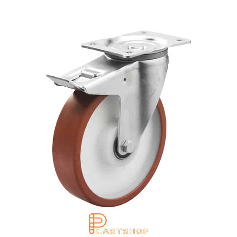 Länkhjul med broms, platta, hjuldiameter 150 mm, bygghöjd 195 mm, nav i PA6 med mjuk bana i PUR i röd färg. 400 kg bärighet, dubbla kullager