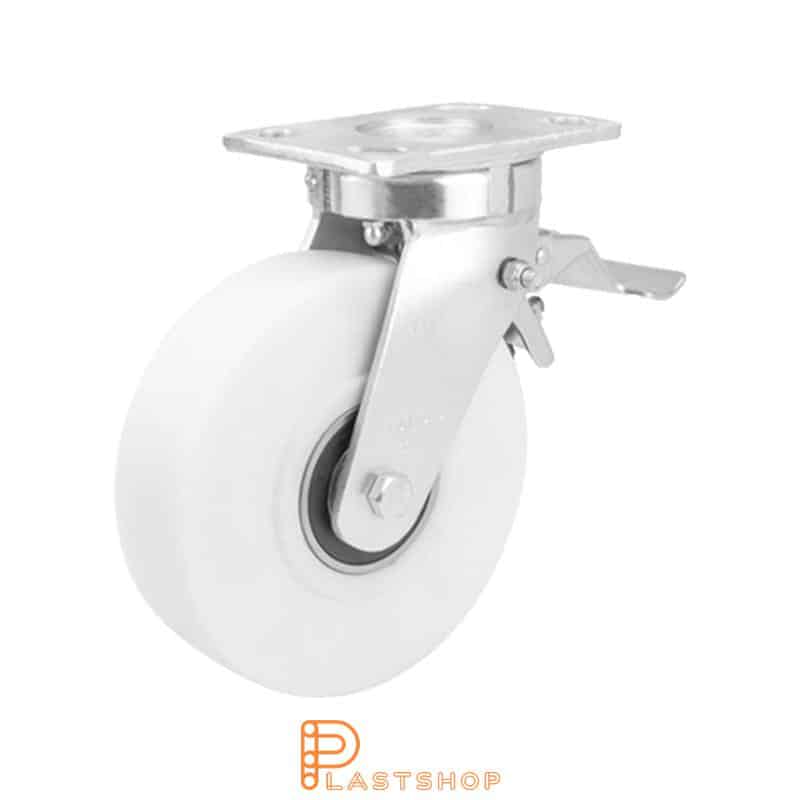 Link wheel with brake, plate, wheel diameter 150 mm, building height 200 mm, hard wheel in solid PA6 C, 1500 kg load capacity, double ball bearing