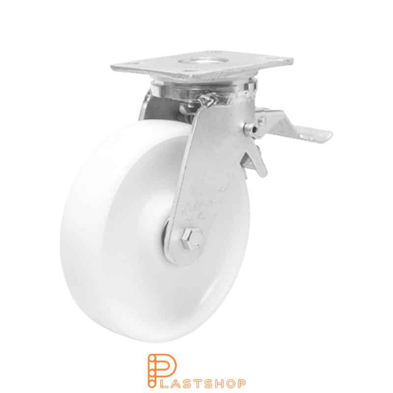 Link wheel with brake, plate, wheel diameter 150 mm, building height 200 mm, hard wheel in solid PA6, 750 kg load capacity, double ball bearing