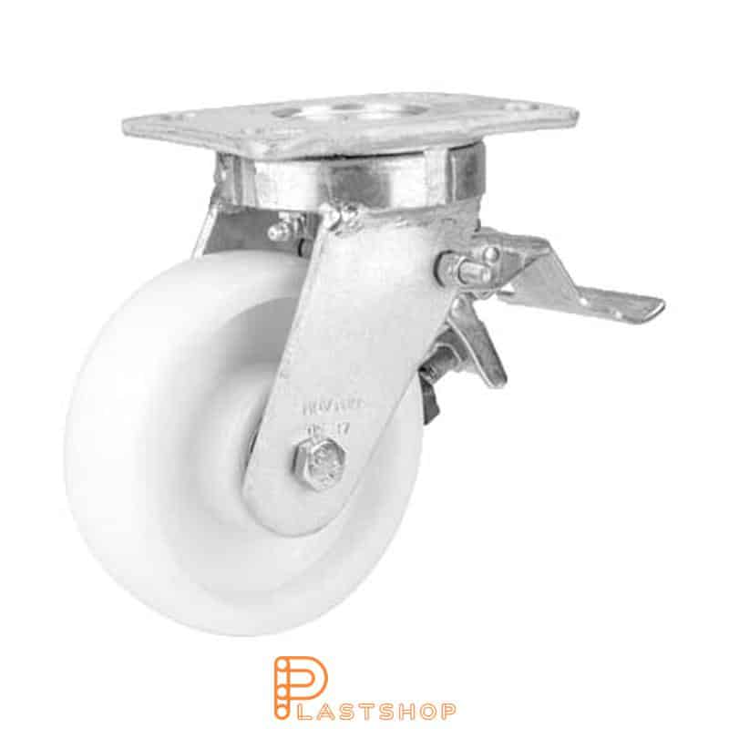 Link wheel with brake, plate, wheel diameter 150 mm, building height 200 mm, hard wheel in solid PA6, 750 kg load capacity, double ball bearing