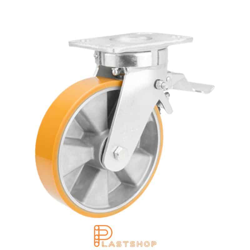 Länkhjul med broms, platta, hjuldiameter 150 mm, bygghöjd 200 mm, nav i aluminium med mjuk bana i PUR i orange färg. 550 kg bärighet, dubbla kullager