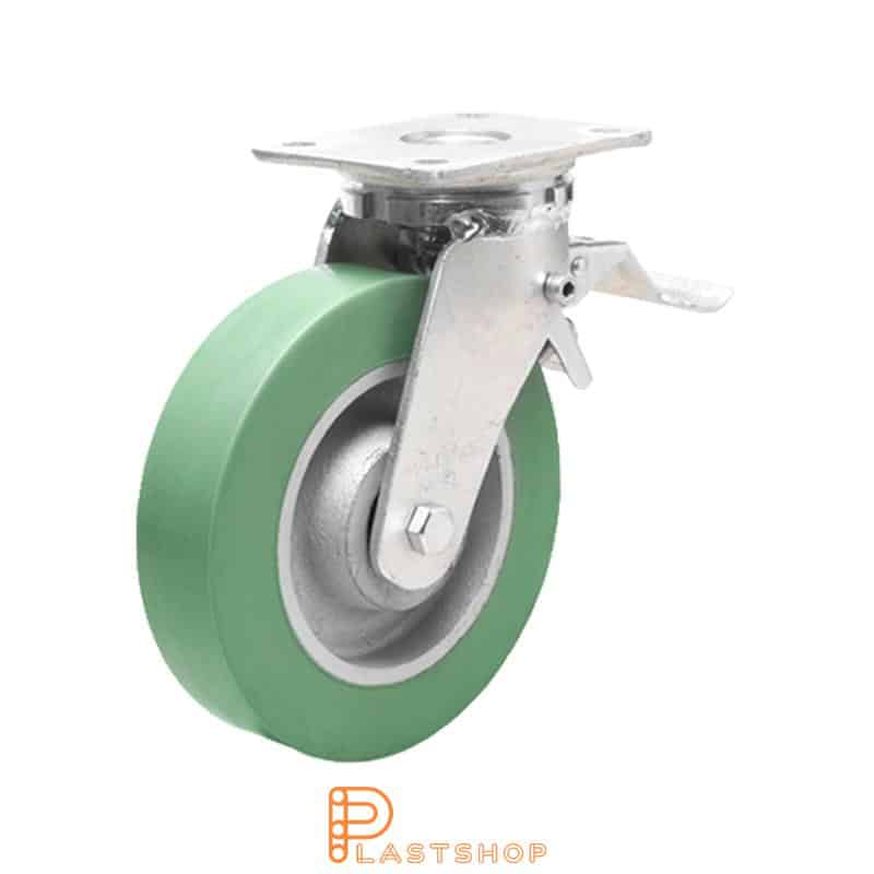 Länkhjul med broms, platta, hjuldiameter 150 mm, bygghöjd 200 mm, nav i gjutjärn med mjuk bana i ElastoPUR i grön färg. 450 kg bärighet, dubbla kullager