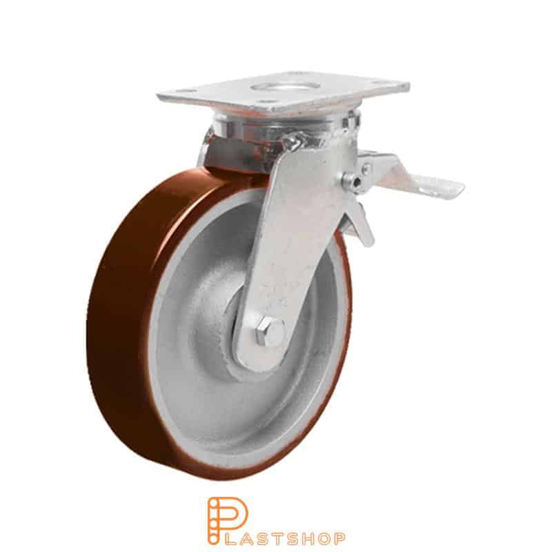 Lenkjhjul med bremse, plate, hjuldiameter 150 mm, byggehøyde 200 mm, nav i støpejern med myk bane i PUR i rød farge. 750 kg bæreevne, doble kullager