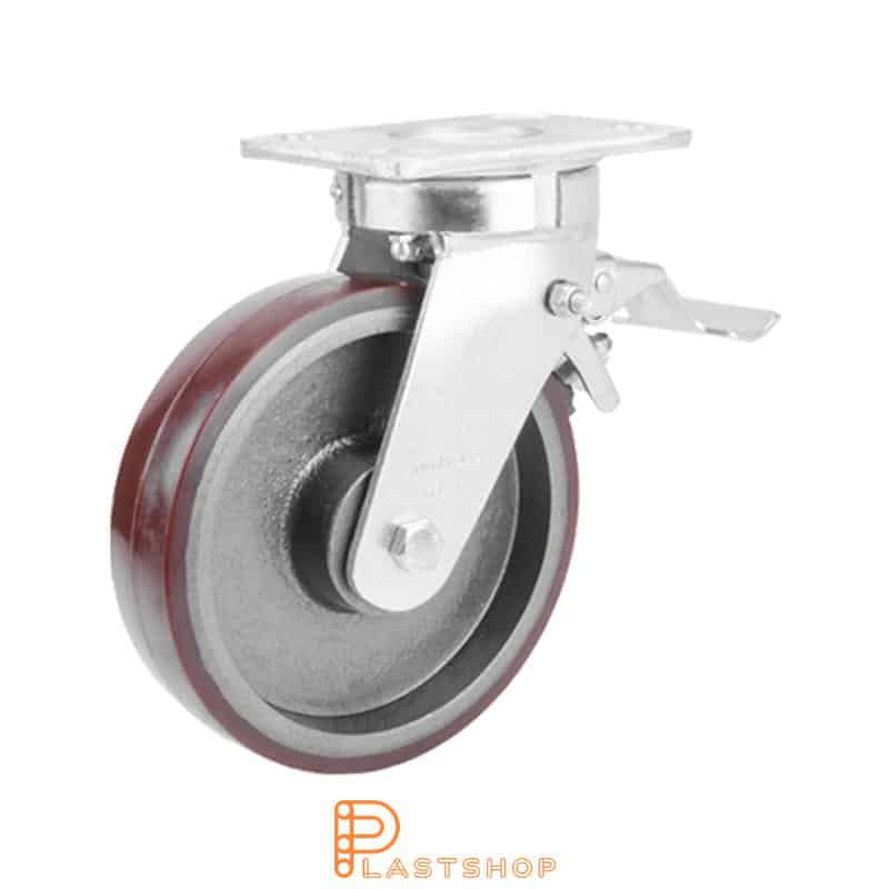 Länkhjul med broms, platta, hjuldiameter 150 mm, bygghöjd 200 mm, nav i gjutjärn med mjuk bana i PUR i röd färg. 750 kg bärighet, dubbla kullager