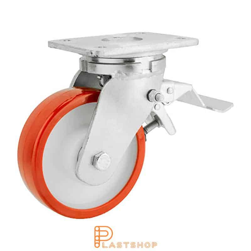 Lenkjhjul med bremse, plate, hjuldiameter 150 mm, byggehøyde 200 mm, nav i PA6 med myk bane i PUR i rød farge. 600 kg bæreevne, doble kullager