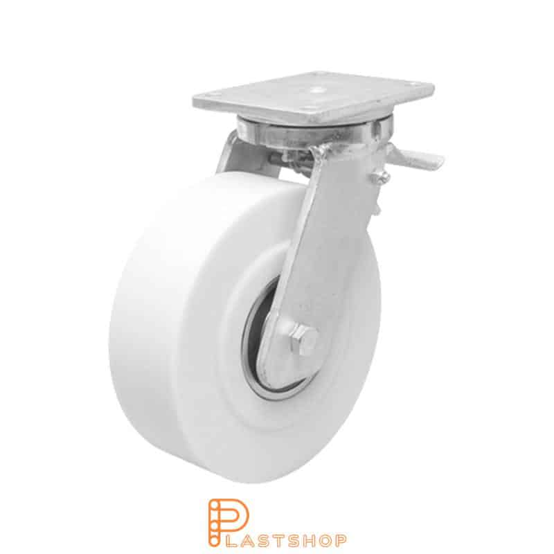 Link wheel with brake, plate, wheel diameter 150 mm, building height 212 mm, hard wheel in solid PA6 C, 2750 kg load capacity, double ball bearing