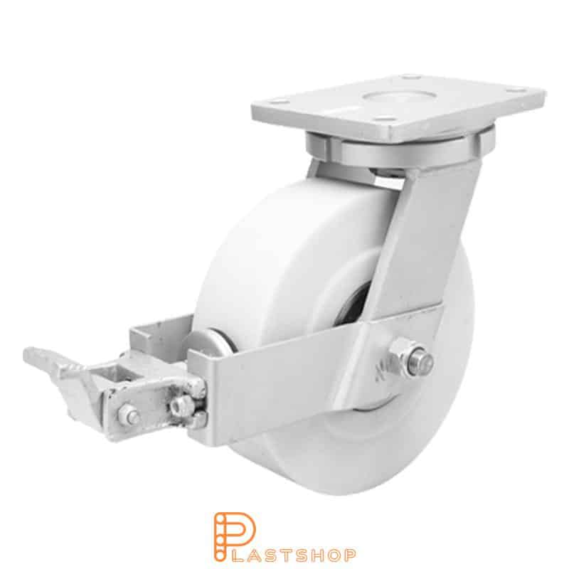 Lenkjhjul med bremse, plate, hjuldiameter 150 mm, byggehøyde 212 mm, hardt hjul i massiv PA6 C, 2750 kg bæreevne, doble kullager