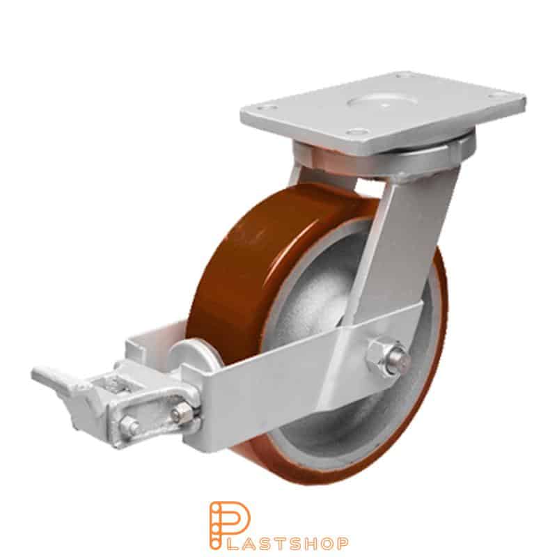 Länkhjul med broms, platta, hjuldiameter 150 mm, bygghöjd 212 mm, nav i gjutjärn med mjuk bana i PUR i orange färg. 1000 kg bärighet, dubbla kullager