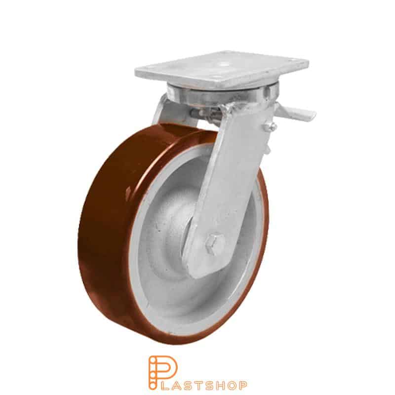 Länkhjul med broms, platta, hjuldiameter 150 mm, bygghöjd 212 mm, nav i gjutjärn med mjuk bana i PUR i orange färg. 1050 kg bärighet, dubbla kullager