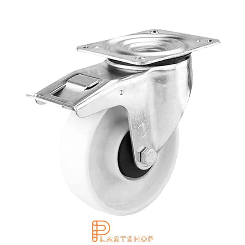 Link wheel with brake, plate, wheel diameter 160 mm, building height 195 mm, hard wheel in solid PA6, 300 kg load capacity, double ball bearing