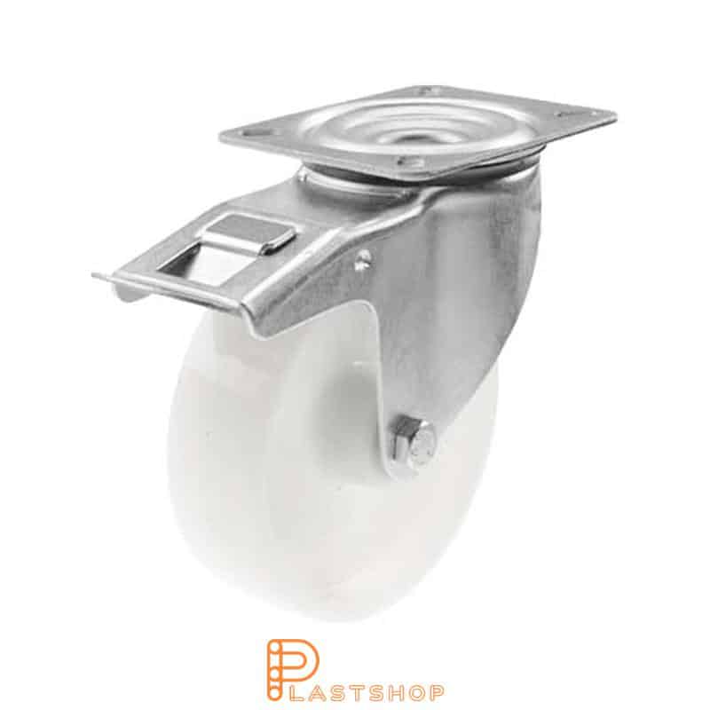 Link wheel with brake, plate, wheel diameter 160 mm, building height 195 mm, hard wheel in solid PA6, 350 kg load capacity, roller bearing