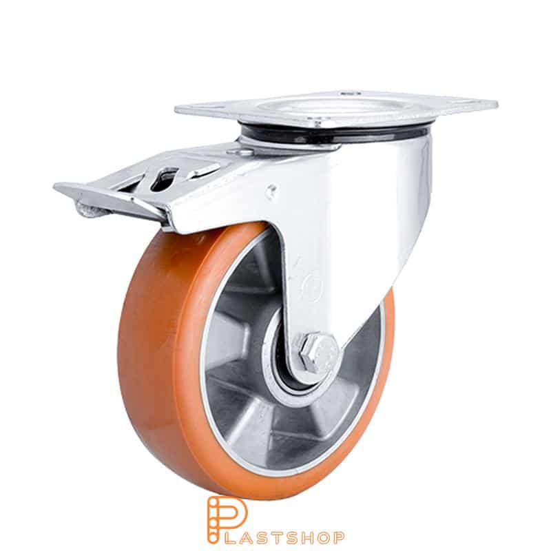 Lenkjhjul med bremse, plate, hjuldiameter 160 mm, byggehøyde 195 mm, nav i aluminium med myk bane i ElastoPUR i brun farge. 350 kg bæreevne, doble kullager