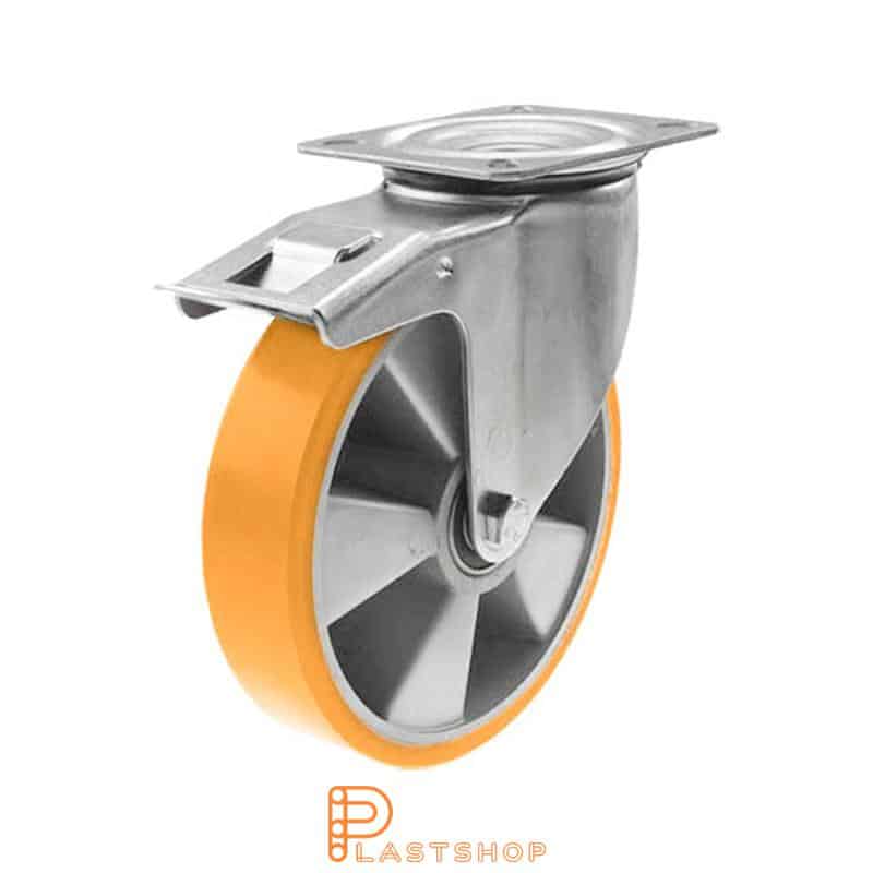 Lenkjhjul med bremse, plate, hjuldiameter 160 mm, byggehøyde 195 mm, nav i aluminium med myk bane i PUR i oransje farge. 350 kg bæreevne, kullager