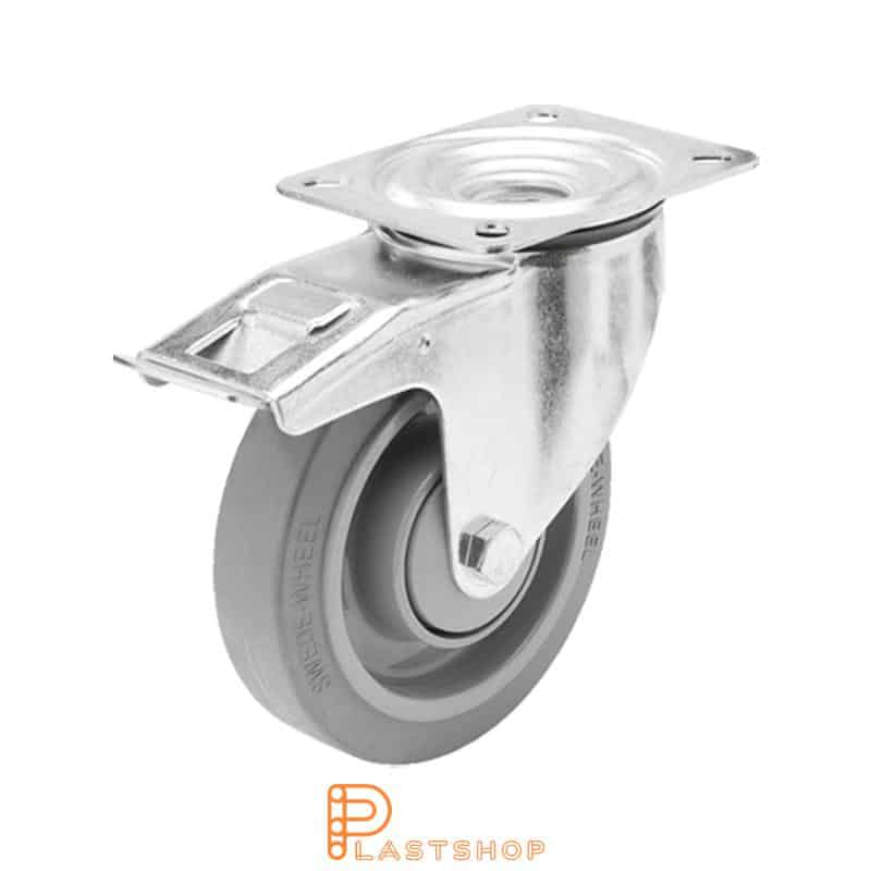 Länkhjul med broms, platta, hjuldiameter 160 mm, bygghöjd 195 mm, nav i PA6 med mjuk bana i ElastoGum i grå färg. 350 kg bärighet, dubbla kullager