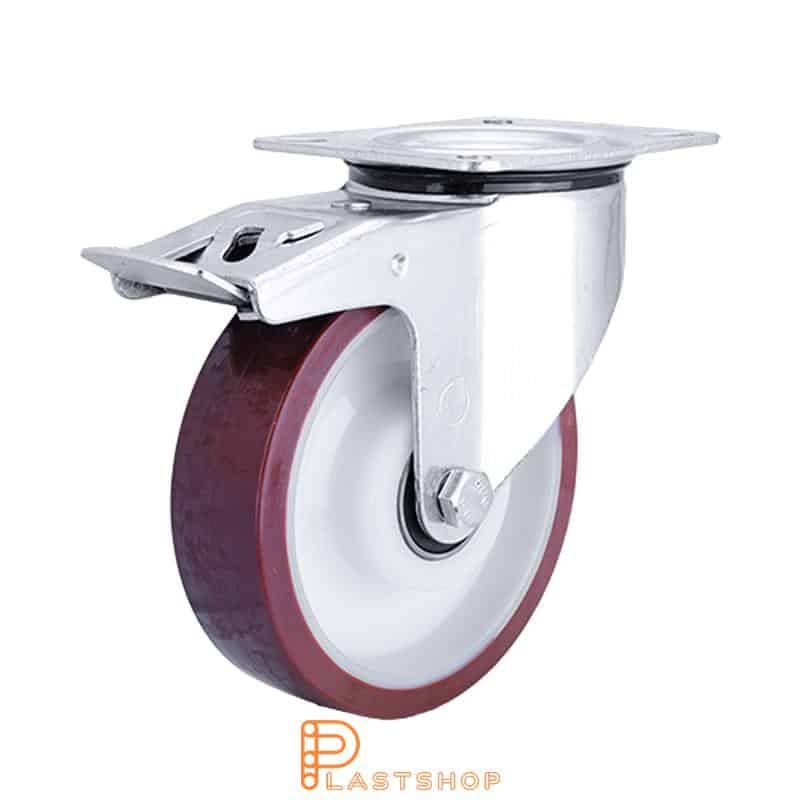 Lenkjhjul med bremse, plate, hjuldiameter 160 mm, byggehøyde 195 mm, nav i PA6 med myk bane i PUR i rød farge. 350 kg bæreevne, doble kullager