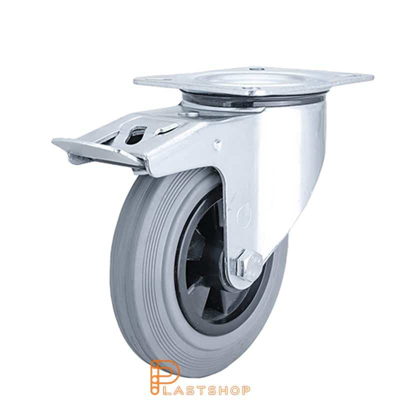 Länkhjul med broms, platta, hjuldiameter 160 mm, bygghöjd 195 mm, nav i PP med mjuk bana i gummi i grå färg. 180 kg bärighet, rullager