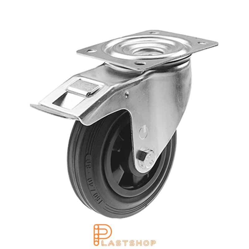 Lenkki pyörä jarrulla, laippa, pyörän halkaisija 160 mm, rakennuskorkeus 195 mm, navat PP:stä pehmeällä uralla kuminasta mustassa värissä. 135 kg kantavuus, rullalaakeri