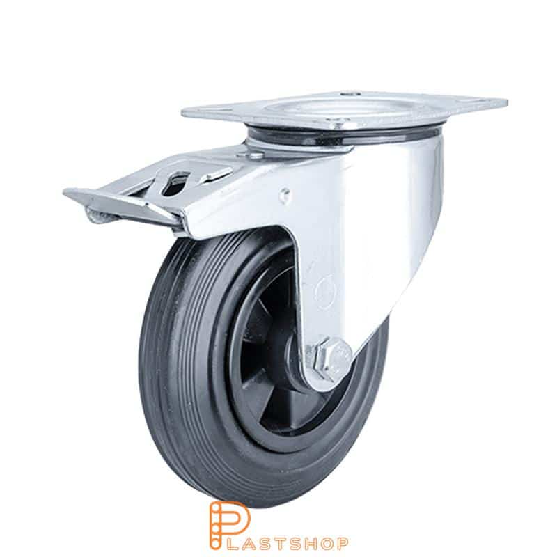 Lenkjhjul med bremse, plate, hjuldiameter 160 mm, byggehøyde 195 mm, nav i PP med myk bane i gummi i svart farge. 180 kg bæreevne, rullager