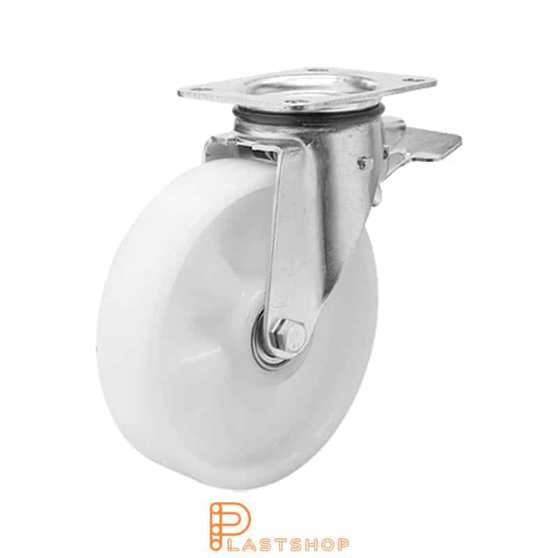 Link wheel with brake, plate, wheel diameter 160 mm, building height 196 mm, hard wheel in solid PA6, 350 kg load capacity, slide bearing