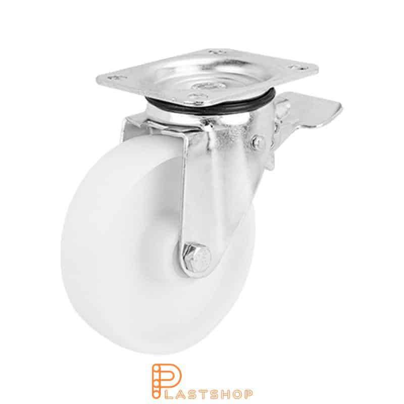 Link wheel with brake, plate, wheel diameter 160 mm, building height 196 mm, hard wheel in solid PA6, 350 kg load capacity, roller bearing